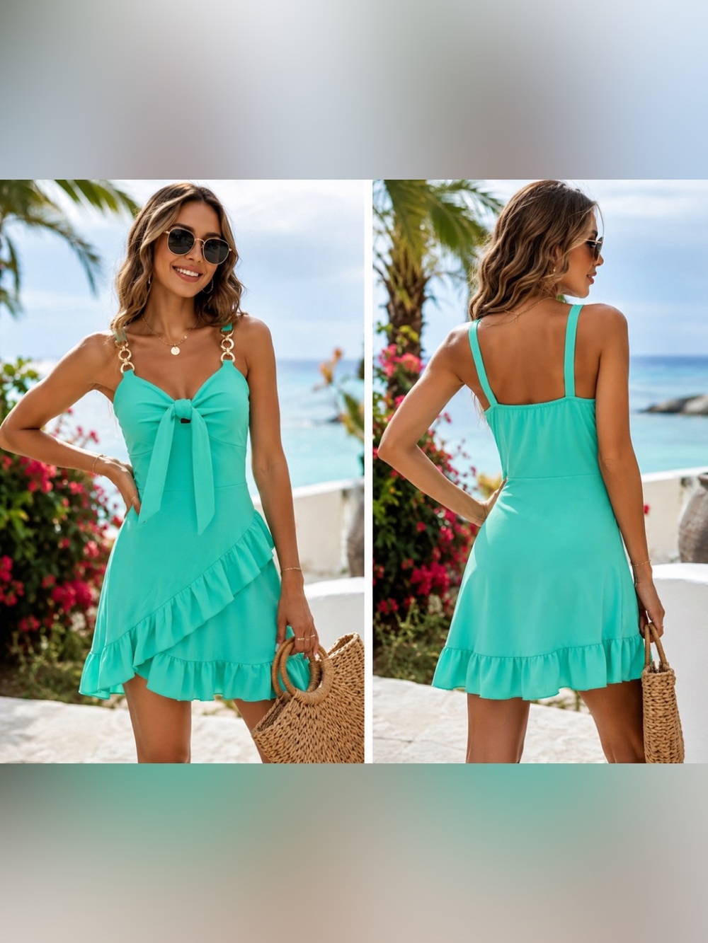 Turquoise Ruffle Mini Dress Gold Hardware Tie Front Resort Beach Vacation Size L